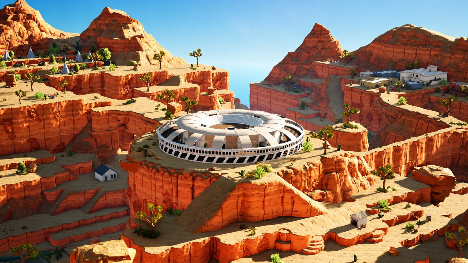 A white ring-shaped building on a canyon plateau, red rock and desert around it