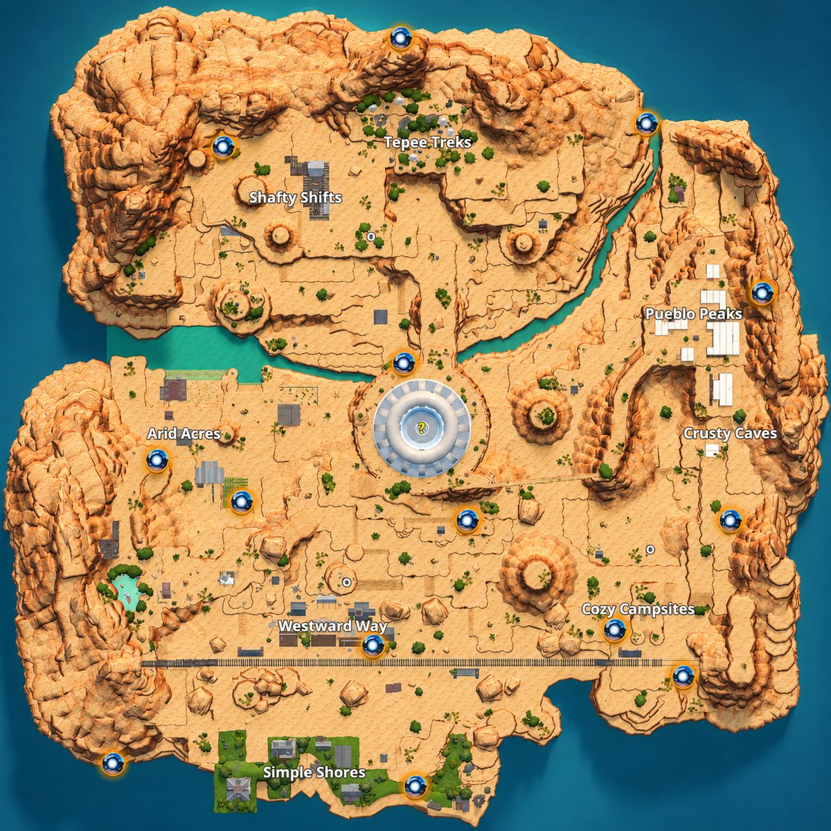Overhead map of the battle royale island, named locations across it and orb markers dotted around the edges