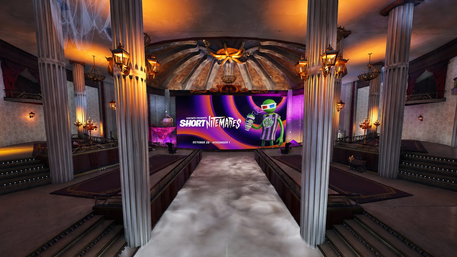 The festival room: a raked auditorium under lanterns and a domed ceiling, facing the Shortnitemares title card on the screen