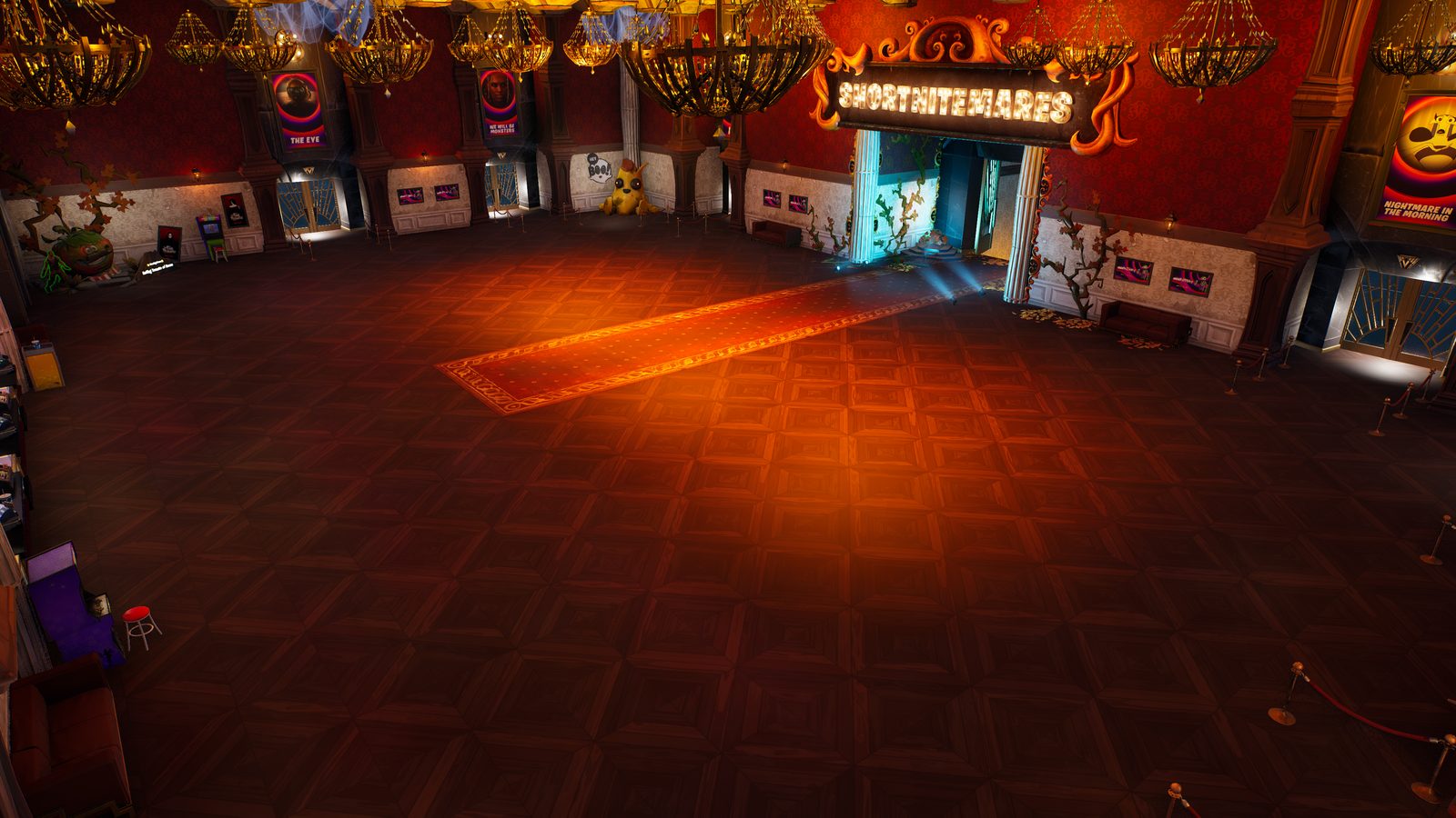 The lobby from inside: chandeliers, red damask walls, film posters between the numbered doors and a carpet running to the festival room