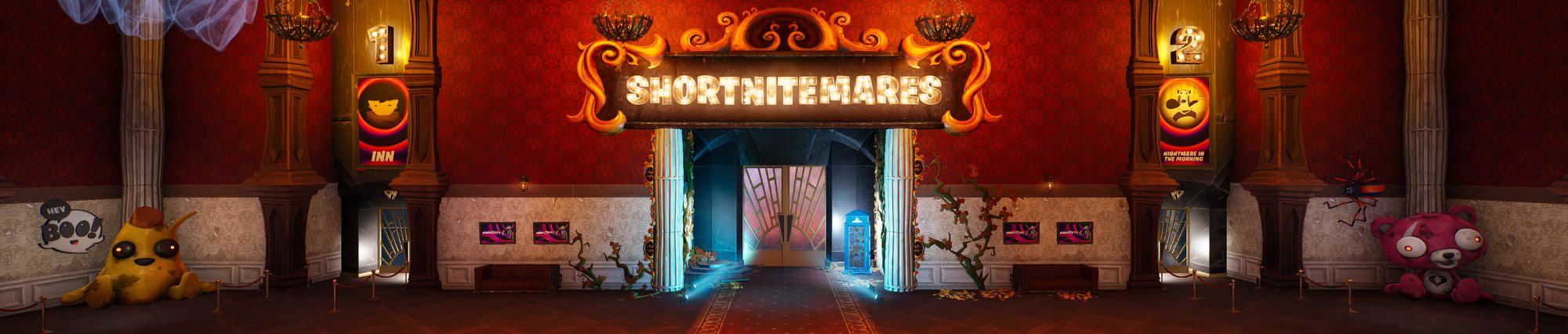 The Shortnitemares lobby: a red-walled cinema foyer under a lit SHORTNITEMARES sign, numbered theater doors either side and posters between them