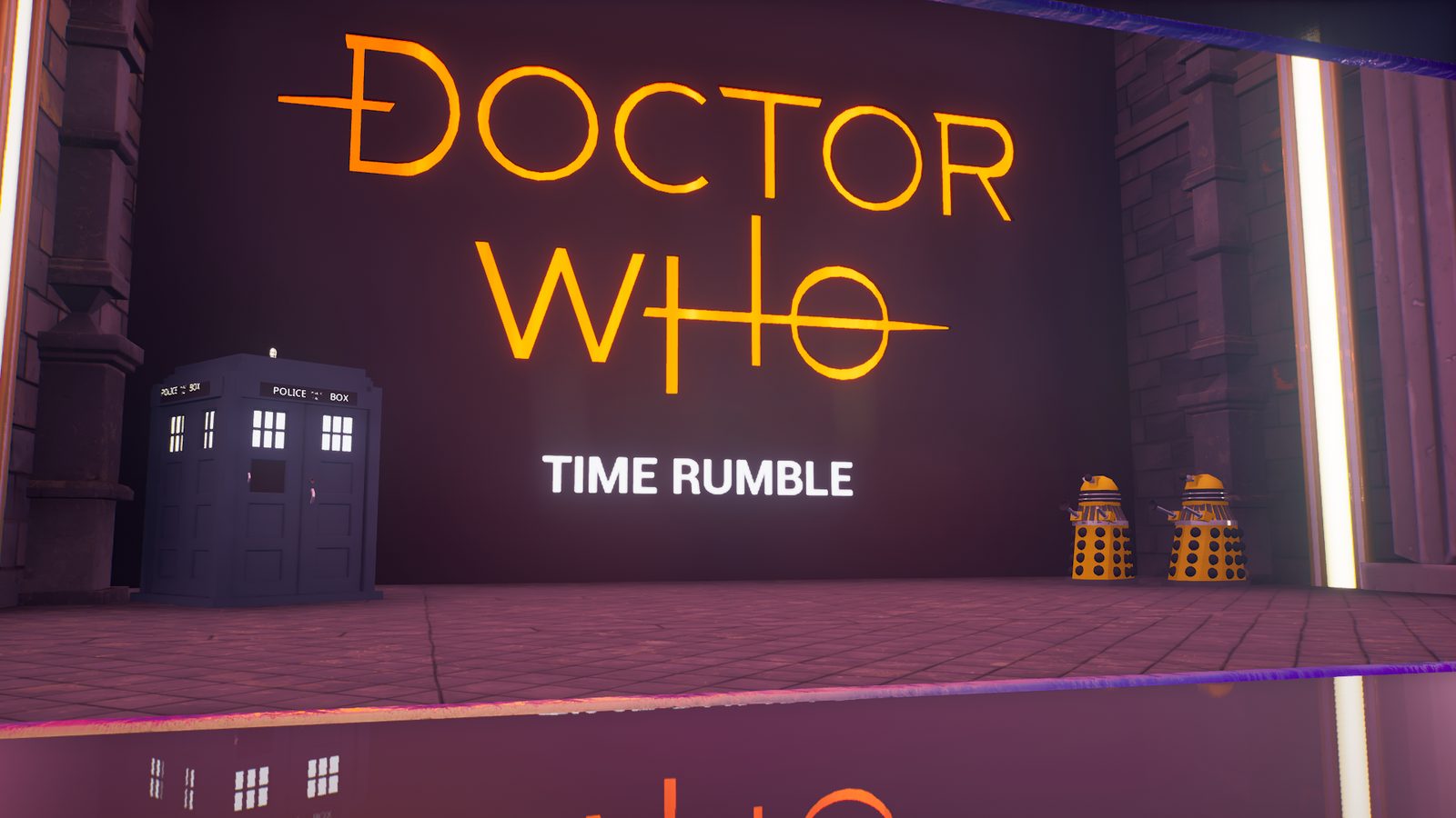 The spawn area: a lit Doctor Who logo above the words TIME RUMBLE, a TARDIS on one side and two Daleks on the other