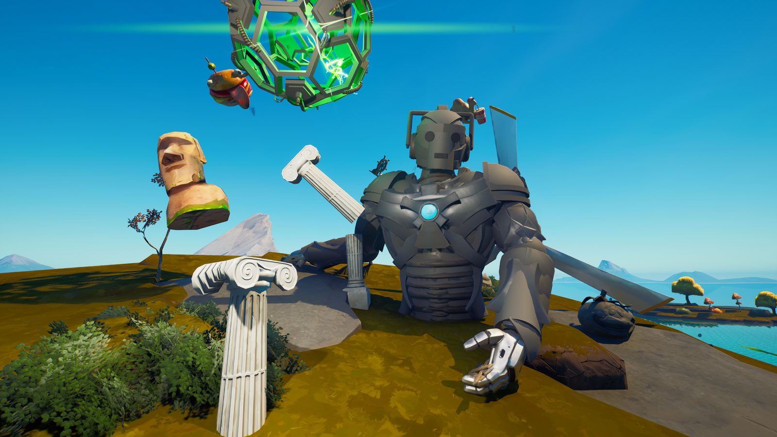 A Cyberman sitting at the edge of the hub island, ruined columns and a Moai head around it, a green energy sphere overhead