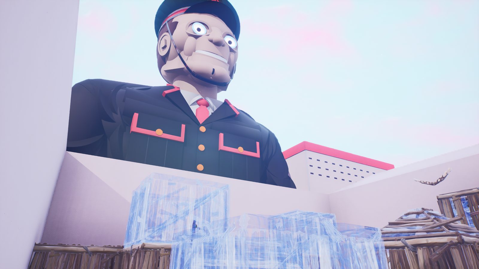 Looking up at a Kerblam Man towering over the wall, shrink-wrapped pallets stacked below
