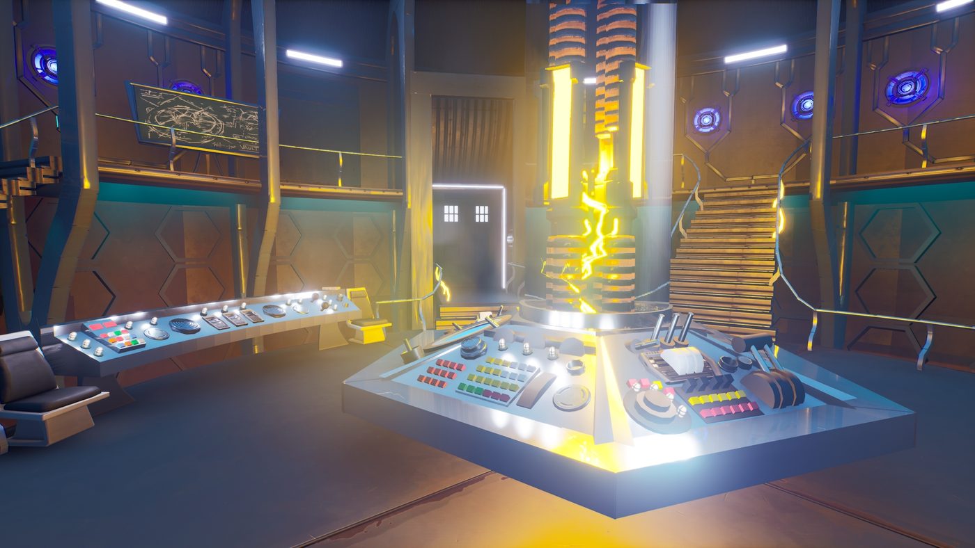 The Twelfth Doctor’s TARDIS interior: a hexagonal console around a lit yellow time rotor