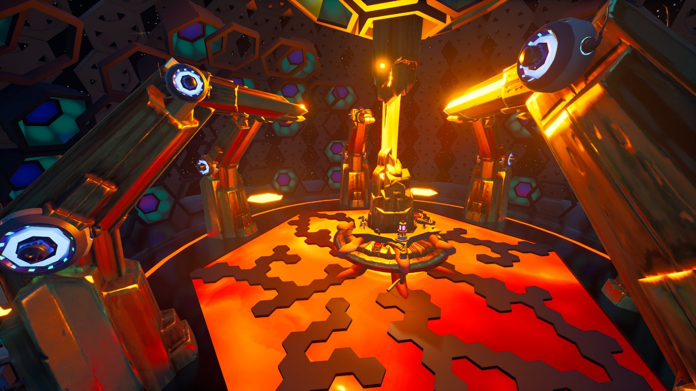 The hexagonal TARDIS console room lit orange