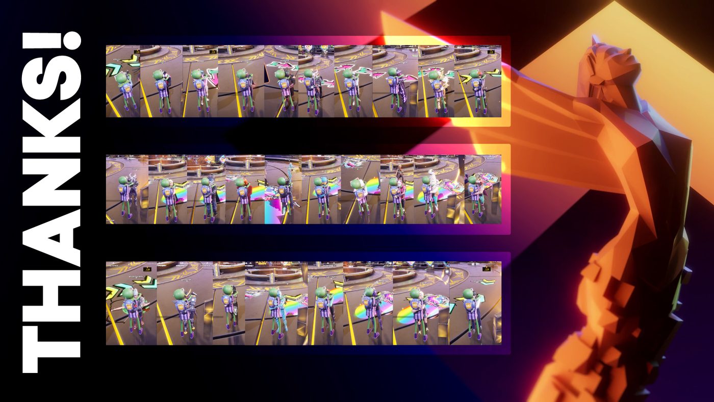 A THANKS! collage: three rows of screenshots, the same avatar emoting beside a different player at the vote button in every frame