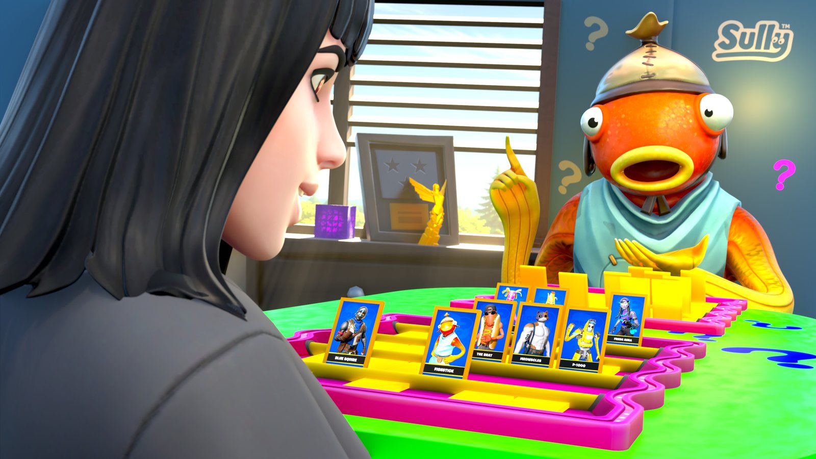Fort Who? key art: two players either side of the board, one holding up a finger mid-question, the card racks between them showing Fortnite characters